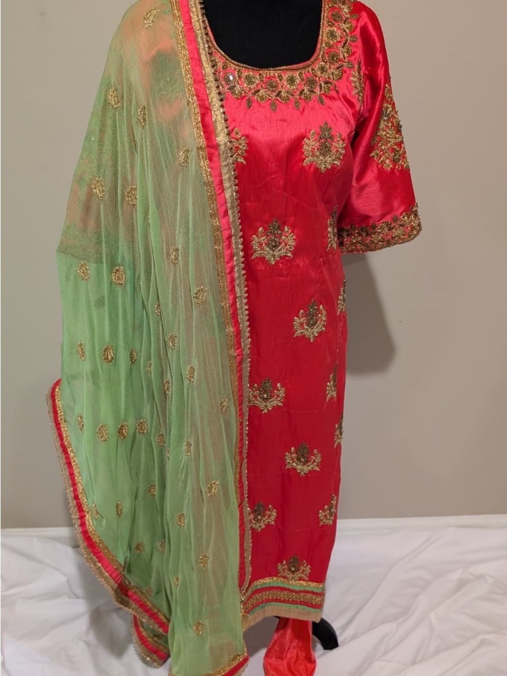New Embroidered Pink & Light Green Women's Dress with Dupatta
